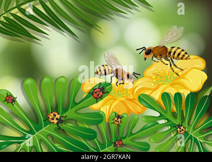 Nahaufnahme Blumen und Blätter Szene mit vielen Bienen und Marienkäfer Stock Vektor