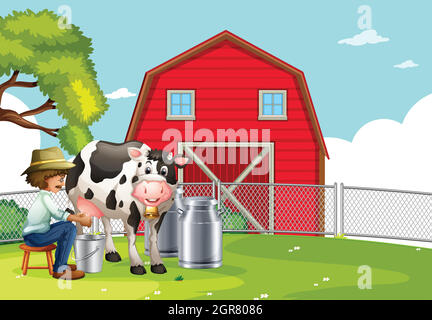 Ein Landwirt, der Kuh melkt Stock Vektor