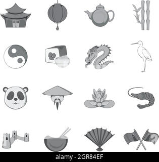 China Symbole Set, monochrome Blackstyle Stock Vektor