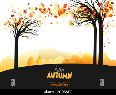 Heller, saisonaler Hintergrund mit Ahornholzblättern im Herbst. Silhouette von Baumstämmen und fallenden Blättern. Platz für Text Stock Vektor