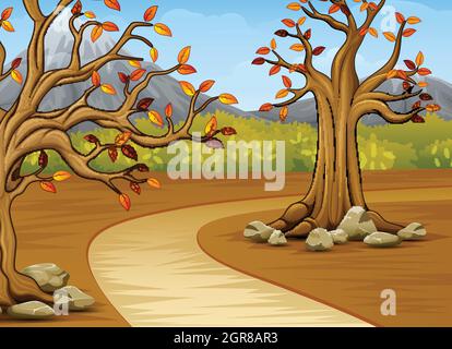 Cartoon von schönen Herbstbaum mit einem Berg Hintergrund Stock Vektor