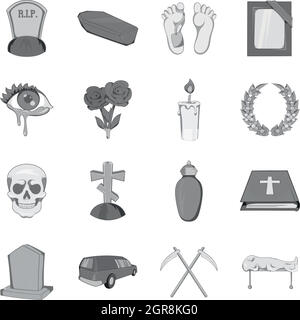 Beerdigung Icons set, schwarz Stil Monochrom Stock Vektor