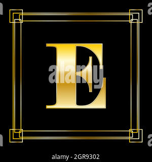 Buchstabe E Logo Design mit quadratischen Ornament, Luxus goldenes Design Stock Vektor