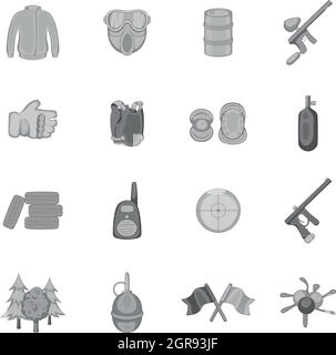 Paintball-Icons set, Stil Monochrom Schwarz Stock Vektor