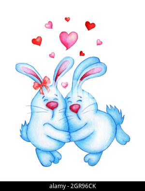 Aquarell-Illustration zwei niedliche blaue Kaninchen sind verliebt in einander. Hasen Mädchen und Jungen Umarmung Zeichnung für Kinder, Ostern oder 14. Februar. Iso Stockfoto