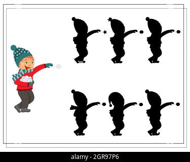 Puzzle-Spiel für Kinder finden Sie den richtigen Schatten, niedliche Cartoon Kinder spielen Schneebälle. vektor isoliert auf einem weißen Hintergrund Stock Vektor