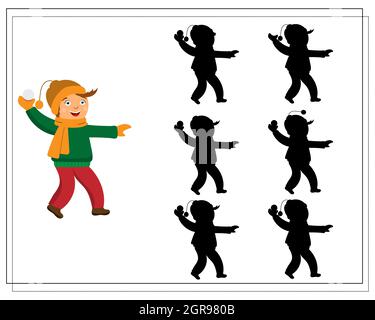 Puzzle-Spiel für Kinder finden Sie den richtigen Schatten, niedliche Cartoon Kinder spielen Schneebälle. vektor isoliert auf einem weißen Hintergrund Stock Vektor