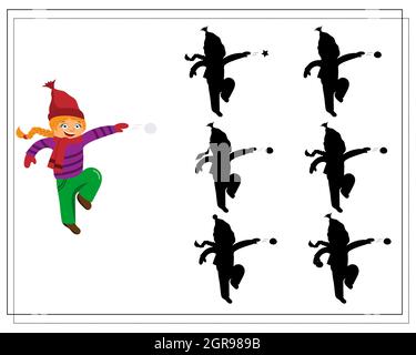 Puzzle-Spiel für Kinder finden Sie den richtigen Schatten, niedliche Cartoon Kinder spielen Schneebälle. vektor isoliert auf einem weißen Hintergrund Stock Vektor