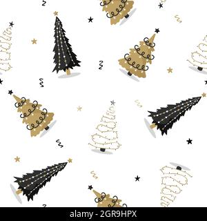Nahtloses Muster mit schwarz-goldenem weihnachtsbaum. Aufdruck in der Wintersaison. Neujahr Design für Karten, Hintergründe, Stoff, Geschenkpapier. Vektor Stock Vektor