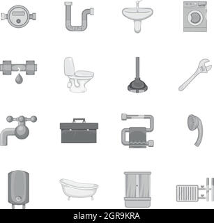 Badezimmer-Symbole-Set, schwarz Stil Monochrom Stock Vektor