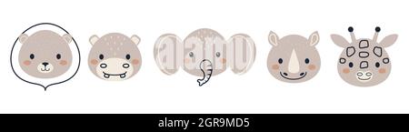 Set aus niedlichen afrikanischen Tierköpfen im skandinavischen Stil. Sammlung lustige Tiere Zeichen für Kinder-Karten, Baby-Dusche, Geburtstagseinladung, Haus in Stock Vektor