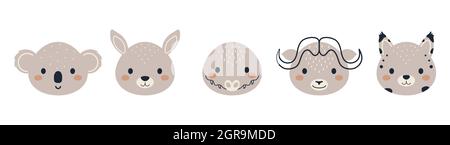 Set aus niedlichen Tierköpfen im skandinavischen Stil. Sammlung lustige Tiere Zeichen für Kinder-Karten, Baby-Dusche, Geburtstagseinladung, Haus Interieur. Stock Vektor