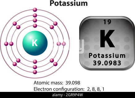 Symbol- und Elektronendiagramm für Kalium Stock Vektor