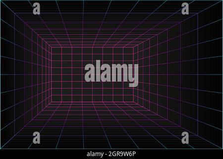 3d Grid Perspective Laser Room im Technologiestil. Virtual-Reality-Tunnel oder Wurmloch. Abstrakter Vaporwave-Hintergrund Stock Vektor