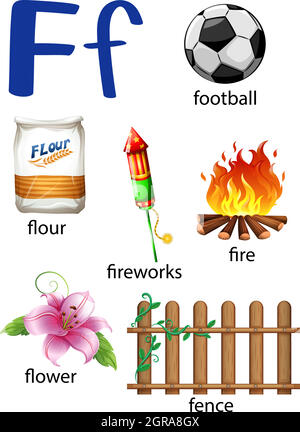 Dinge, die mit dem Buchstaben F beginnen Stock Vektor