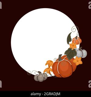 Herbstvorlage mit Kürbissen, Laub, gekräuselten Reben, Blumen und Kopierraum. Vektor-Rundbordüre mit flachem, handgezeichnetes Gemüse und floraler Dekoration Stock Vektor