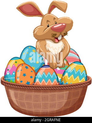Posterdesign für ostern mit osterhase und bemalten Eiern im Korb Stock Vektor