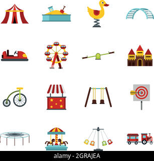 Vergnügungspark Icons set, flach Stil Stock Vektor