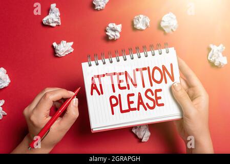 Text zeigt Inspiration Achtung Bitte. Geschäftsansatz: Zeigen Sie, dass Sie ihre geistigen Kräfte darauf konzentrieren können, kreative Designs zu entwerfen Stockfoto