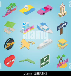 Miami stellen Icons, isometrischen 3d Stil Stock Vektor