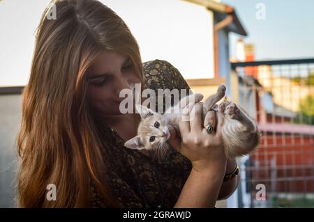 Porträt einer jungen Frau mit langen roten Haaren, die mit einem zwei Monate alten cremefarbenen Kätzchen spielt Stockfoto