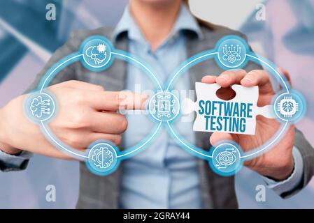 Textschild mit Softwaretests. Konzeptfoto Bewerten Sie die Funktionalität einer Software-Anwendung Business Woman Pointing Jigsaw Puzzle Stück Stockfoto