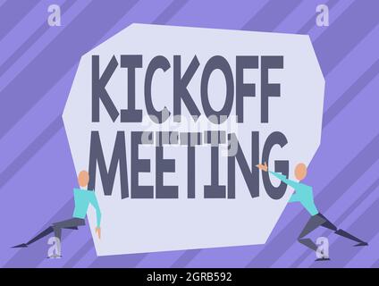Schreiben mit Text Kickoff Meeting. Wort für eine spezielle Diskussion über die rechtlichen Aspekte des Projekts Two Men Illustration Trying to Lift Stockfoto