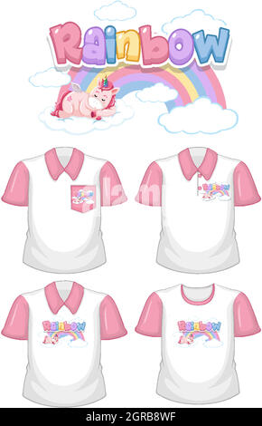 Regenbogen mit Einhorn-Logo und Set aus verschiedenen weißen Hemden mit rosa kurzen Ärmeln isoliert auf weißem Hintergrund Stock Vektor