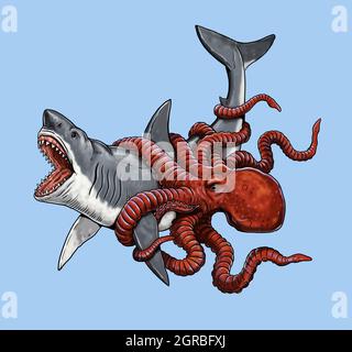 Riesige Kraken attackieren einen Hai. Kampf der Tiere Illustration. Stockfoto