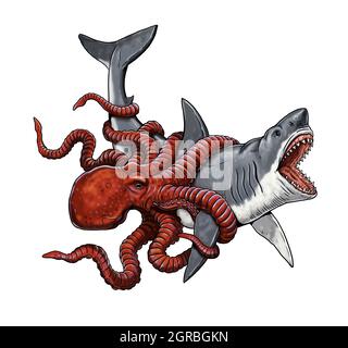 Riesige Kraken attackieren einen Hai. Kampf der Tiere Illustration. Stockfoto