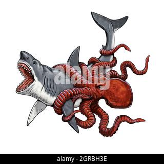 Riesige Kraken attackieren einen Hai. Kampf der Tiere Illustration. Stockfoto