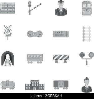 Bahnhof Icons set, schwarz Stil Monochrom Stock Vektor