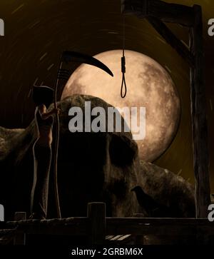 Gallow in einer gruseligen Nacht mit Vollmond und einem weiblichen Todesengel mit einer Sense. Eine Krähe sitzt auf der Galgenbasis - 3d-Rendering Stockfoto