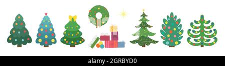 Eine Reihe von Weihnachtsbäumen. Weihnachtskranz. Weihnachtsgeschenke. Geschmückter Weihnachtsbaum. Vektorgrafik. Stock Vektor