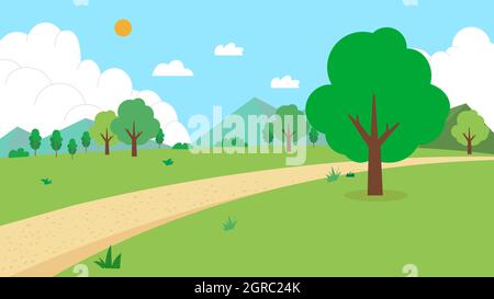 Naturlandschaft mit Straße Vektor Illustration.Feld mit Berg, Bäumen, Sonne, Himmel und Wolken.Grüner Park mit Naturszene.Cartoon ländliche Landschaft Stock Vektor