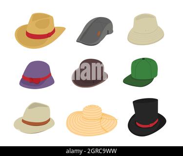 Vektor-Set von Mann und Frau Hüte. Stylische Kopfbedeckung für Männer und Frauen. Baseballmütze und elegantes panama. Modethema Stock Vektor