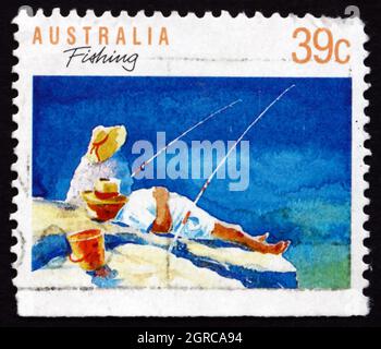 AUSTRALIEN - UM 1989: Eine in Australien gedruckte Marke zeigt Angeln, Sport und Erholung, um 1989 Stockfoto