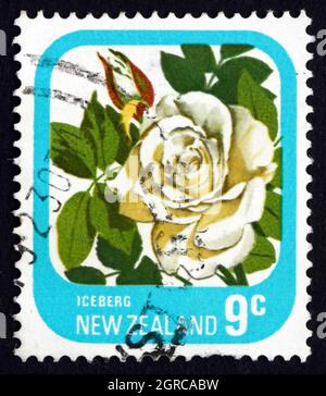 NEUSEELAND - UM 1976: Eine in Neuseeland gedruckte Marke zeigt Eisberg, Rosenblume, Hybridtee, um 1976 Stockfoto