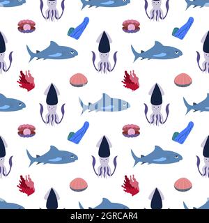 Seettier Nahtloses Muster mit Tintenfisch und Hai, Muschel mit Perle, Koralle. Unterwasser Welt Bewohner drucken. Handgezeichnete Unterwasserdarstellung des Lebensvektors. Lustige Cartoon Meerestiere Stock Vektor