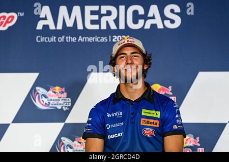 Austin, USA. September 2021. Pressekonferenz zum MotoGP Red Bull Grand Prix of the Americas auf dem Circuit of the Americas Blvd, Austin, Texas, 30. September 2021 in Bild: Bastianini Rueda de prensa del Gran Premio Red Bull Grand Prix de las Americas en el Circuito de las Americas Blvd, Austin, Texas, 30 de Septiembre de 2021 POOL/ MotoGP.com/Cordon die Pressebilder sind nur für die redaktionelle Verwendung bestimmt. Obligatorischer Kredit: © motogp.com Kredit: CORDON PRESS/Alamy Live News Stockfoto