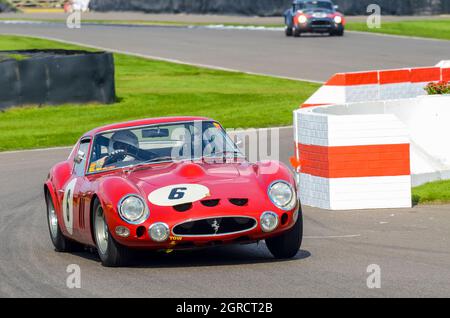 1963 Ferrari 330 GTO Classic, Oldtimer-Rennwagen, Rennen in der RAC Tourist Trophy beim Goodwood Revival 2014. Mit hoher Geschwindigkeit aus der Schikane aussteigen Stockfoto