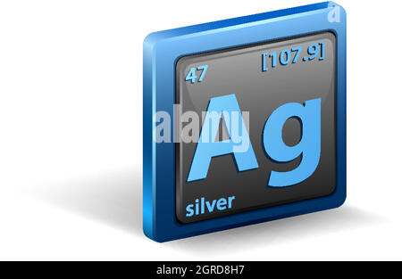 Chemisches Element Silber. Chemisches Symbol mit Ordnungszahl und atomarer Masse. Stock Vektor