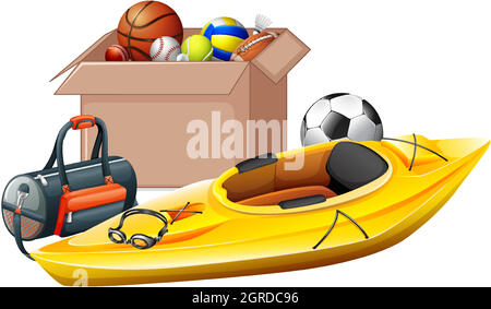 Pappkarton voller Sportgeräte auf weißem Hintergrund Stock Vektor