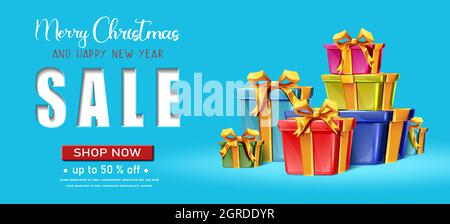 Vektor realistische Weihnachten und Neujahr Hintergrund, Banner, Flyer, Grußkarte, Postkarte. Horizontale Ausrichtung. Blauer Hintergrund mit Verkaufsschreiben Stock Vektor