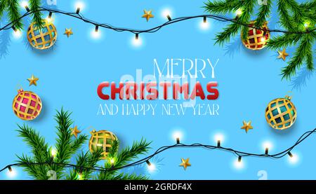 Vektor realistische Weihnachten und Neujahr Hintergrund, Banner, Flyer, Grußkarte, Postkarte. Horizontale Ausrichtung. Blauer Hintergrund mit Tannen und Stock Vektor