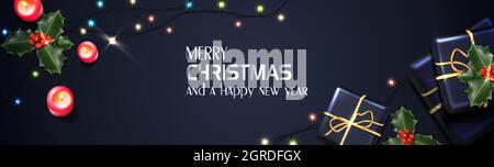 Vektor realistische Weihnachten und Neujahr Hintergrund, Banner, Flyer, Grußkarte, Postkarte. Horizontale Ausrichtung. Schwarzer Hintergrund mit Geschenkschachteln, Stock Vektor