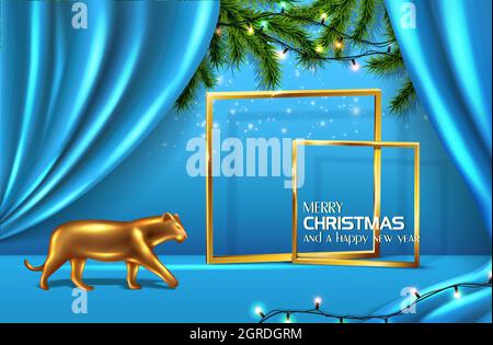Vektor realistische Weihnachten und Neujahr Hintergrund, Banner, Flyer, Grußkarte, Postkarte. Blauer Hintergrund mit goldenen Rahmen und Tannenbaum und Lichter Stock Vektor