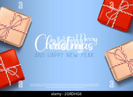 Vektor 3d realistische Weihnachten Hintergrund mit Geschenkboxen. Stock Vektor