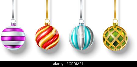 3d realistische Vektor Weihnachtskugeln hängen an der weißen Wand. Stock Vektor