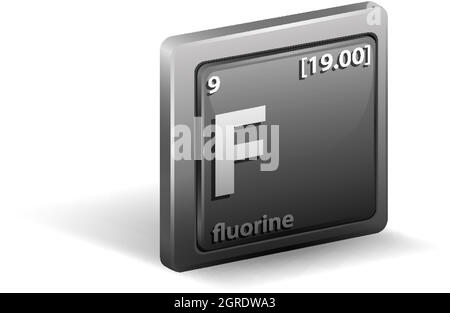 Fluorhales chemisches Element. Chemisches Symbol mit Ordnungszahl und atomarer Masse. Stock Vektor